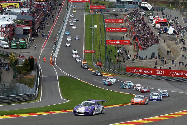 2015 Porsche Carrera Cup, Spa Francorchamps, Belgium. 30th April 2015 - 2nd May 2015. Start of Race 2 Josh Webster (GBR) Team Parker Racing Porsche Carrera Cup leads. World Copyright: Ebrey  /  LAT Photographic