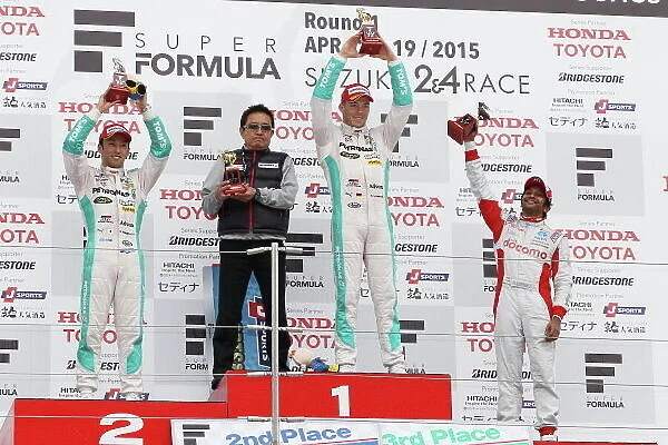 2015 Super Formula Series. Suzuka, Japan. 18th - 19th April 2015. Rd 1. Winner Andre Lotterer ( #2 PETRONAS TOM'S SF14 ) 2nd position Kazuki Nakajima ( #1 PETRONAS TOM'S SF14 ) 3rd position Narain Karthikeyan ( #41 DOCOMO DANDELION M41Y SF14)
