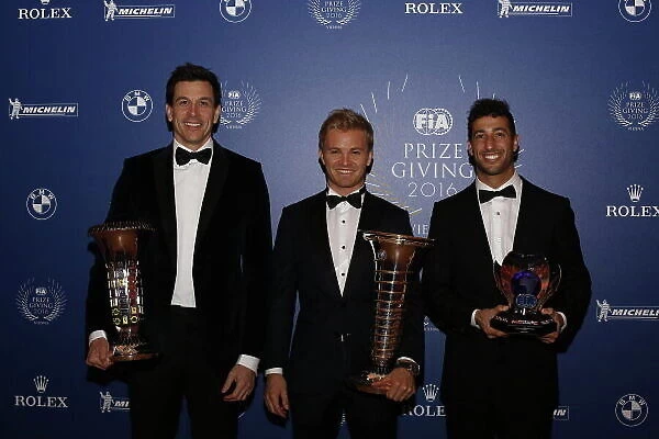 2016 FIA Prize Giving Vienna, Austria Friday 2nd December 2016 Toto Wolff, Nico Rosberg and Daniel Ricciardo. Photo: Copyright Free FOR EDITORIAL USE ONLY. Mandatory Credit: FIA ref: 30560142754_8151a22f5d_o