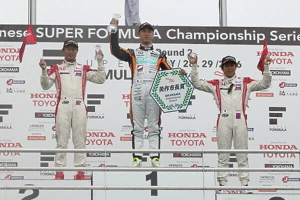 2016 Japanese Super Formula. Okayama, Japan. 28th - 29th May 2016. Rd 2. Winner Hiroaki Ishiura ( #1 P. MU / CERUMO · INGING SF14 ) 2nd position Koudai Tsukakoshi ( #10 REAL SF14 ) 3rd position Takuya Izawa ( #11 REAL SF14 ) podium World Copyright