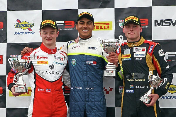 2017 BRDC Formula Three Championship, Oulton Park, 15th-17th April, 2017, Podium, Sowery, O'Keefe and Ahmed World copyright. JEP / LAT Images