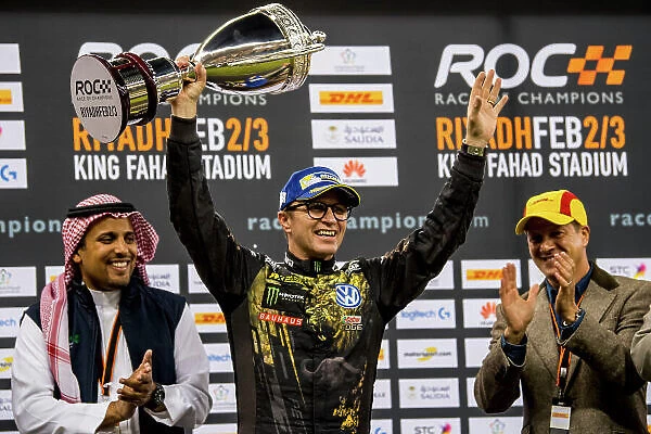 2018 Race Of Champions King Farhad Stadium, Riyadh, Abu Dhabi. Saturday 3 February 2018 Petter Solberg (NOR) is presented with the runners up trophy on the podium. Copyright Free FOR EDITORIAL USE ONLY. Mandatory Credit: 'Race of Champions'