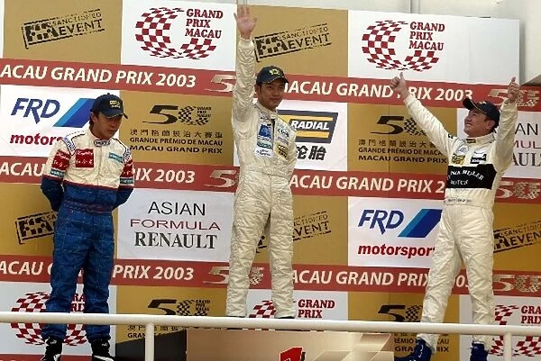 50th Macau Grand Prix: 2nd place Marchy Lee, winner Hideaki Nakao and 3rd place Henry Lee Jnr