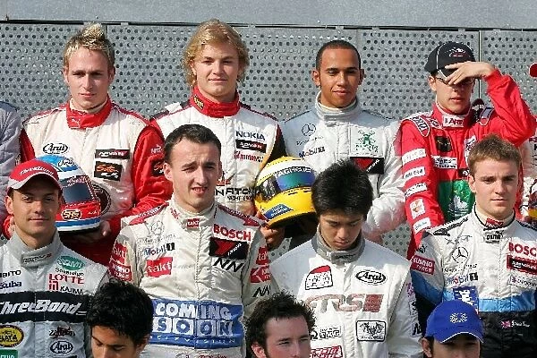 51st Macau Grand Prix: Top row L to R: Adam Carroll Menu, Nico Rosberg Team Rosberg, Lewis Hamilton Manor Motorsport. Front row, Robert Kubica