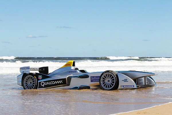 A8C1141. FIA Formula E Test Day.. Formula E Car on the beach.