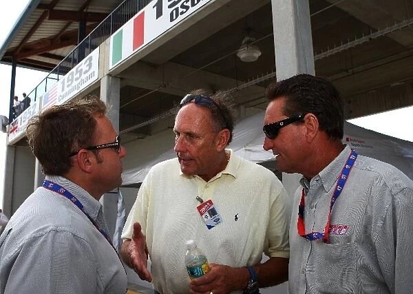 American Le Mans Series: L-R: Speed TV announcers Leigh Diffey and Dorsey Schroeder talk with Hans Stuck VICI Racing