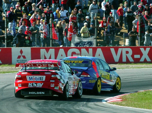 Australian V8 Supercar, Round 8, Winton, Australia, 18th Aug 2002. Holden driver Mark Skaife(1) sat behind Marcos Ambrose(4) for most of race 1 but was unable to pass. World Copyright: Horsburgh / LAT Photographic Ref: Digital image only