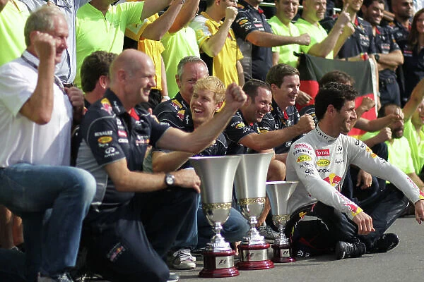 Autodromo Nazionale di Monza, Monza, Italy. 8th September 2013. Adrian Newey, Chief Technical Officer, Red Bull Racing, Sebastian Vettel, Red Bull Racing, 1st position, Mark Webber, Red Bull Racing, 3rd position