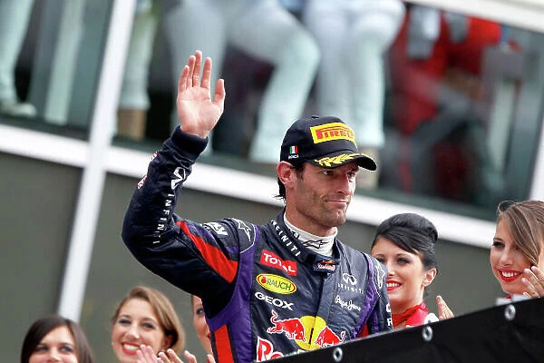 Autodromo Nazionale di Monza, Monza, Italy. 8th September 2013. Mark Webber, Red Bull Racing, 3rd position, arrives on the podium. World Copyright: Glenn Dunbar / LAT Photographic. ref: Digital Image _G7C8972