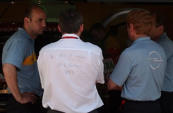 Back-side of the shirt of one of the Opel Team Managers, proud after winning the 24 hours race of the Nurburgring one week before with a Opel Astra V8 Coup