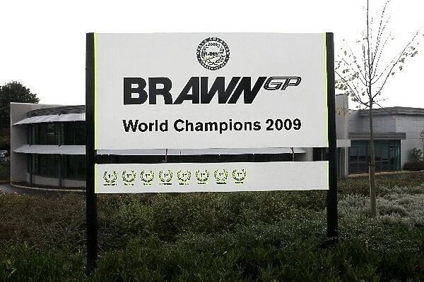 Brackley Salutes Jenson Button: The Brawn GP factory sign at the entrance to the factory