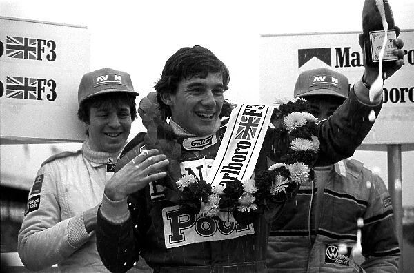 British Formula Three Championship: Podium: Second placed Martin Brundle, race winner Ayrton Senna West Surrey Racing and third place Davy Jones