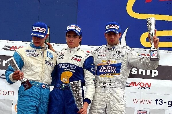 British Formula Three Championship: Race 1 podium L to R, Rob Austin Menu F3, Nelson Piquet Jnr Piquet Sports, Richard Antinucci Promatecme F3