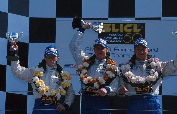 British Formula Ford Championship: Race winner James Courney, centre, with second place Anthony Davidson, left and third place Robert Dahlgren