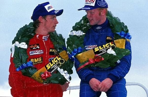 British Formula Ford Championship: Jenson Button Haywood Racing and his team mate Derek Hayes on the podium