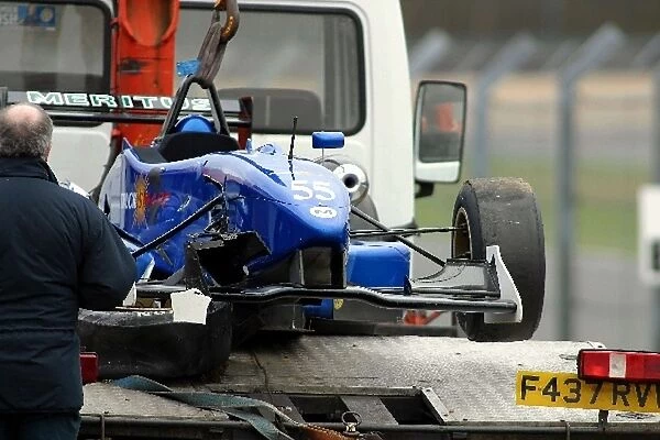 British Formula Three Testing: The damaged remains of the Meritus Racing F3 car of Saif Hassan