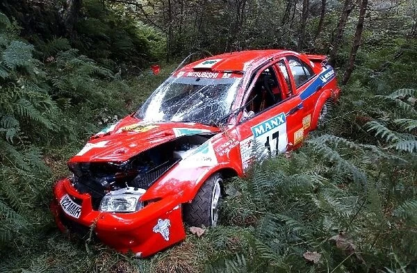 British Rally Championship: James Thompson parked his Mitsubishi down a bank