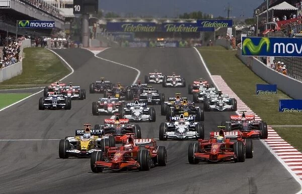 Circuit de Catalunya, Barcelona, Spain: Kimi Raikkonen, Ferrari F2008, 1st position, leads the field away at the start. Action. Starts