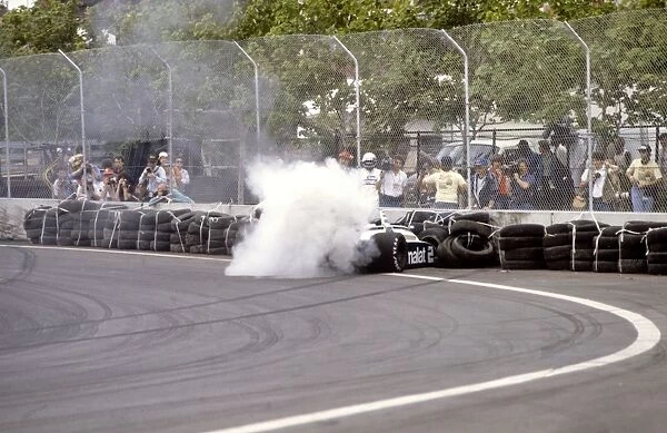 Detroit, United States. 6 June 1982: Riccardo Patrese, Brabham BT49D-Ford, retired, crashes out, action