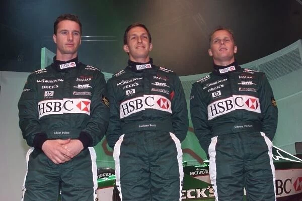 Eddie Irvine, Luciano Burti and Johnny Herbert Jaguar R1 Ford Launch, Lords