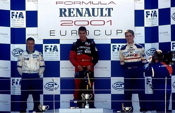 European Formula Renault Championship: Race winner Augusto Farfus, centre, 2nd place Fabio Carbone, left, and 3rd place Eric Salignon
