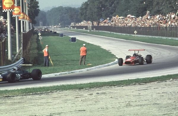 Ferrari 312 of Ickx follows Brabham BT26 of Brabham: Italian Grand Prix, Monza 8th September 1968 Rd 9