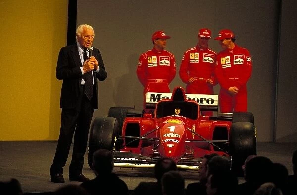 Ferrari F310 Launch: FIAT President Gianni Agnelli addresses the media at the launch of the new Ferrari F310. Drivers Nicola Larini, Michael Schumacher