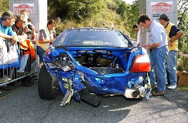 FIA World Rally Championship: Achim Mortls damaged Subaru Impreza WRC at the end of Stage 10