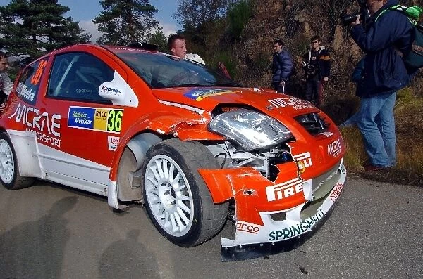 FIA World Rally Championship: Damage to the front of the Citroen C2 JWRC of Kris Meeke, after hitting the barrier on the shakedown stage