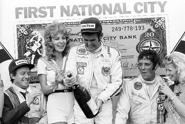 Formula 5000: The podium: Jackie Oliver, second; Al Unser, race winner; Brian Redman, third
