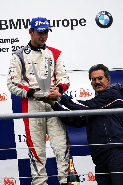 Formula BMW Europe: Race winner Kevin Breysse DAMS celebrates on the podium with Dr Mario Theissen BMW Sauber F1 Team Principal