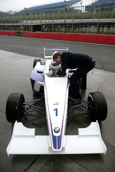 Formula BMW UK Testing: Wolfgang Obermaier BMW UK Financial Director is strapped into the Formula BMW car