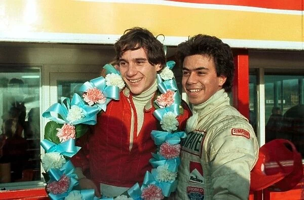 Formula Ford 1600: Ayrton Senna da Silva celebrates his first single seater race victory team mate Alfonso Toledano