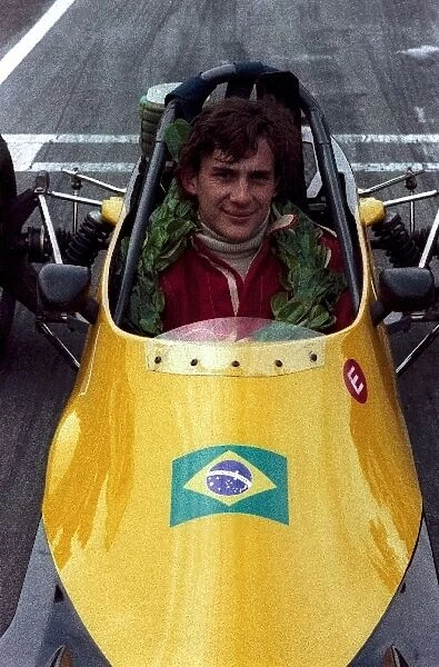 Formula Ford 1600: Ayrton Senna da Silva Van Diemen R81, posing with his winnerÕs garland, was undefeated in the seasonÕs three visits to Oulton Park