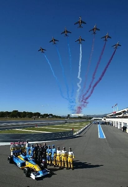 Formula One Launch: The French Air Force display team, the Patrouille de France, fly over the Renault launch