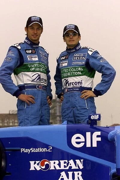 Formula One Launch: Jenson Button and Giancarlo Fisichella, right at the Mild Seven Benetton Renault Sport B201 launch