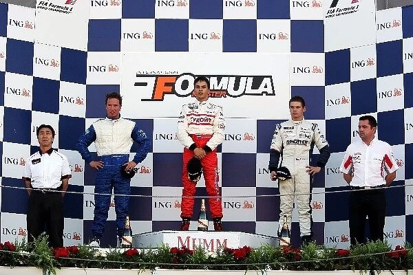 Formula Master: The podium: Paul Meijer AR Motorsport, second; Sergey Afanasiev JD Motorsport, race winner; Erik Janis ISR, third