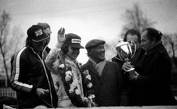 Formula One Non-Championship: Keke Rosberg Theodore celebrates his first Formula One victory in the non-championship race