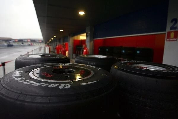 Formula One Testing: BBS wheels stacked outside the Ferrari garage