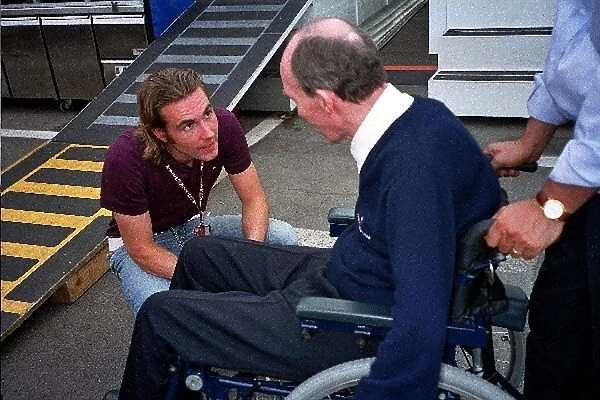 Formula One Testing: F3000 Champion Bjorn Wirdheim chats with Frank Williams Williams Team Principal in the paddock