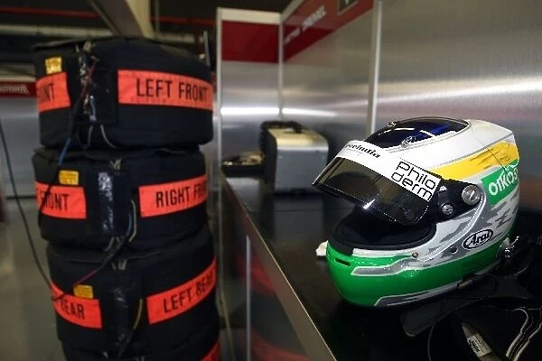 Formula One Testing: Helmet of Giancarlo Fisichella Force India F1 in the garage