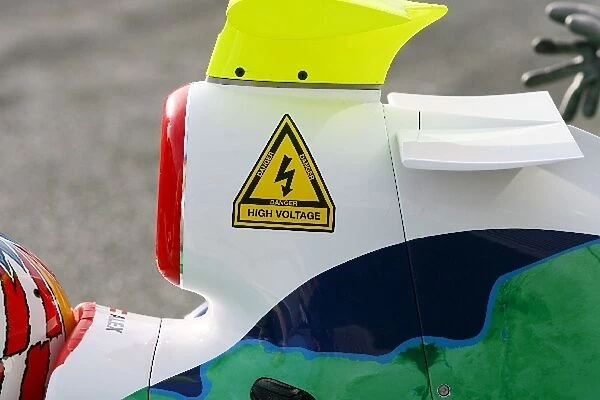 Formula One Testing: High voltage KERS warning sticker on the Honda airbox
