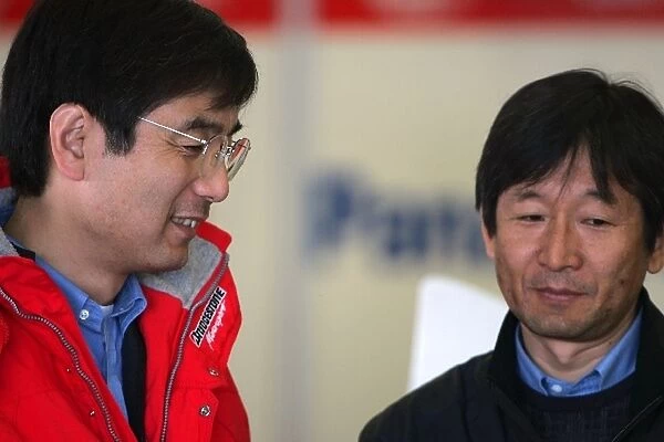 Formula One Testing: Hisao Suganuma Bridgestone Technical Manager with another Bridgestone engineer
