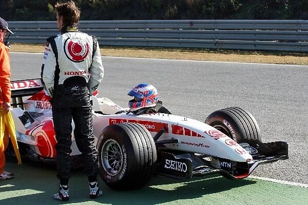 Formula One Testing: Jenson Button Honda F1 Racing suffers a mechanical failure