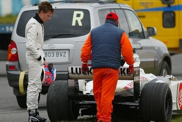 Formula One Testing: Jenson Button suffers a blown engine in his BAR Honda 004