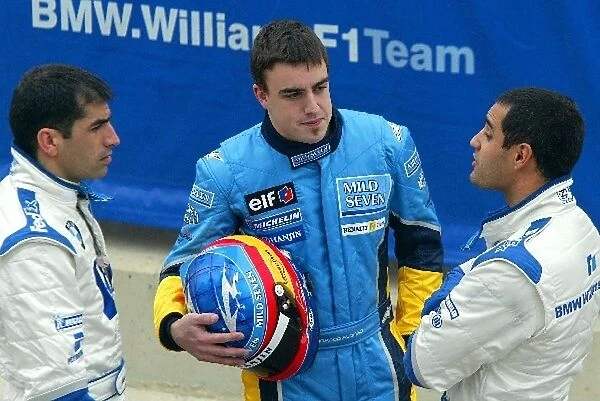 Formula One Testing: L to R: Marc Gene Williams BMW, Fernando Alonso Renault and Juan Pablo Montoya Williams BMW