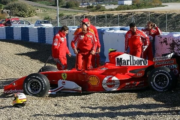 Formula One Testing: Luca Badoer Ferrari after he crashed into a tyre wall