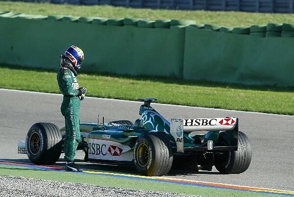 Formula One Testing: Mark Webber stops on the circuit in his Jaguar Cosworth R4