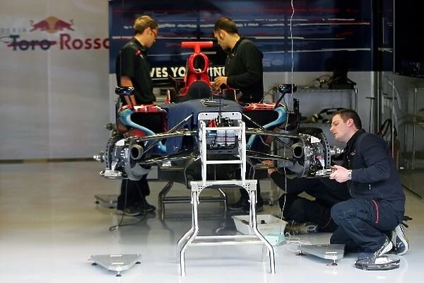 Formula One Testing: New Toro Rosso STR3 is prepared in the garage