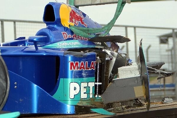 Formula One Testing: The remains of Heinz-Harald Frentzens Sauber Petronas C21, following a high speed crash after he had hit a hare